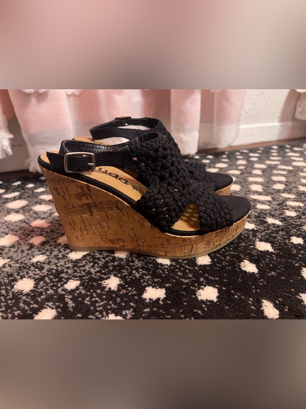 Mudd Black Woven Cork Wedge Sandals